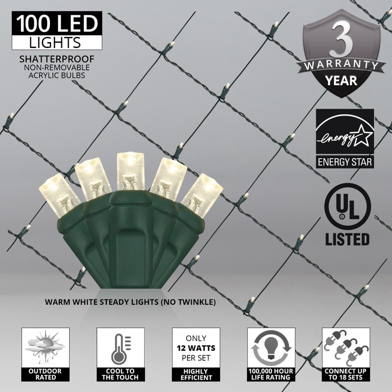 Wintergreen Lighting Warm White Net Lights LED Mesh Lights Christmas String Lights, 4' x 6', 100 Lights - Green Wire