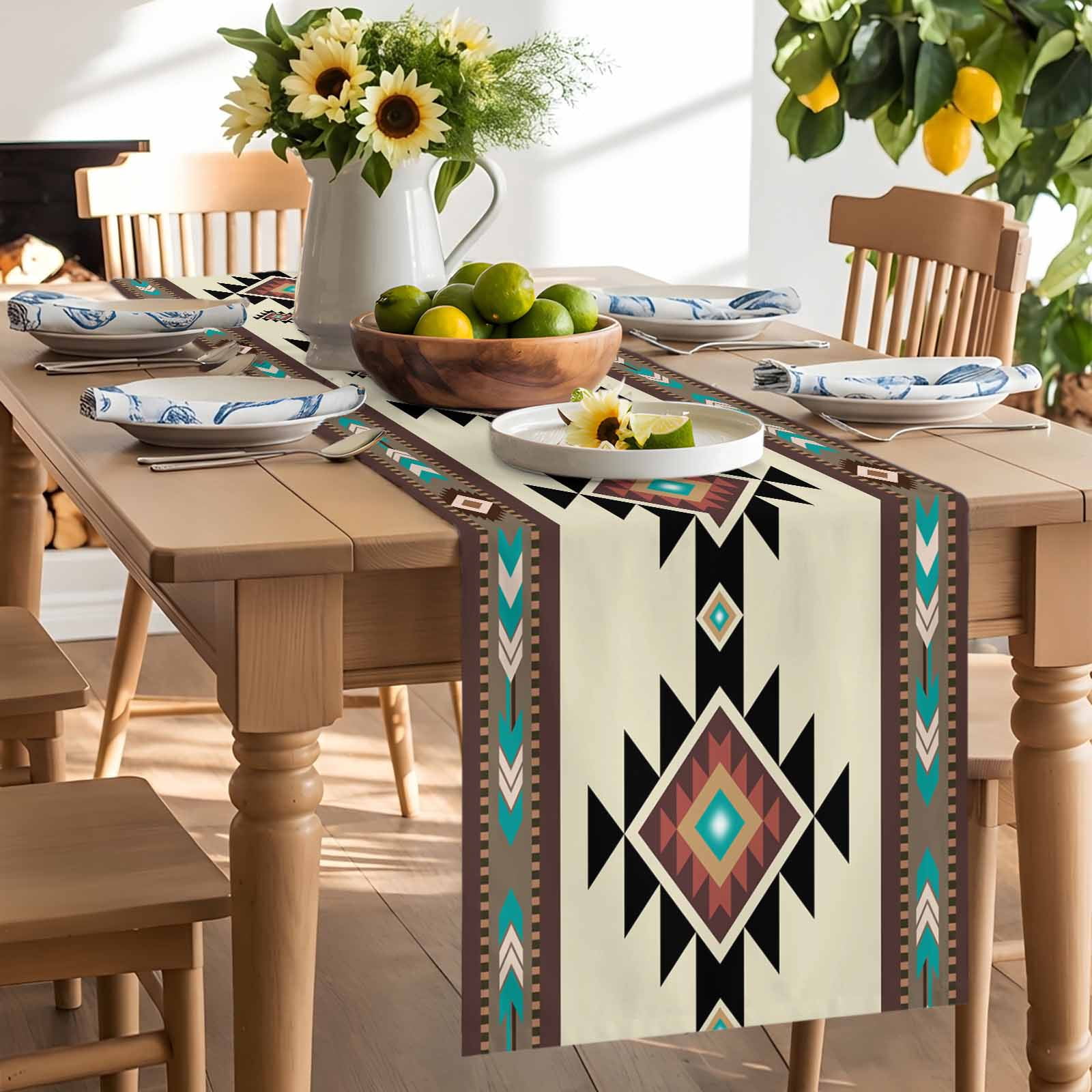 Brown Aztec Ethnic Art Table Runner 90 Inches Long, Retro Tribal Brown Texture Table Runners Tabletop Scarf Kitchen Dining Tables Decoration for Home Party Indoor Outdoor