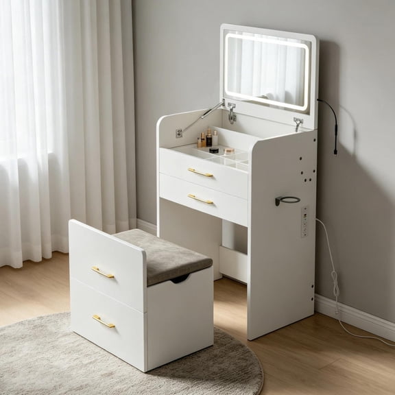 3-in-1 Vanity Desk with Built-in Charging Station and LED Mirror, Dressing Table and Makeup Station with Power Outlet and Stool for Bedroom, White