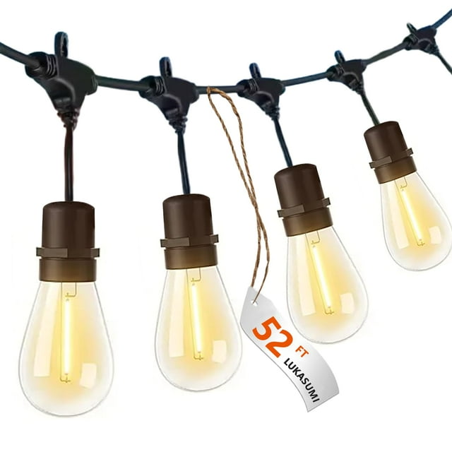 Lukasumi Cadena De Luces Led Para Exteriores, 52 Pies, 15 Unidades, Bombillas Edison S14, Luces De Cadena, Luces De Patio, Luces Colgantes Para Jardín, Porche, Camping, Comerciales, Impermeables, Bomb