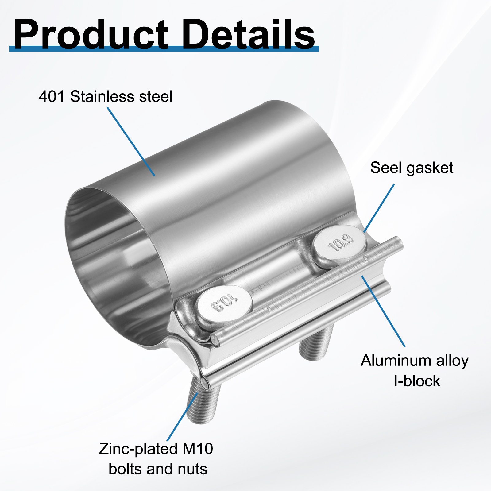 Exhaust Clamp 2.2" Stainless Steel Lap Joint Band Clamp Exhaust Pipes Connection with M10 Screws for Car Muffler Elbow Pipes