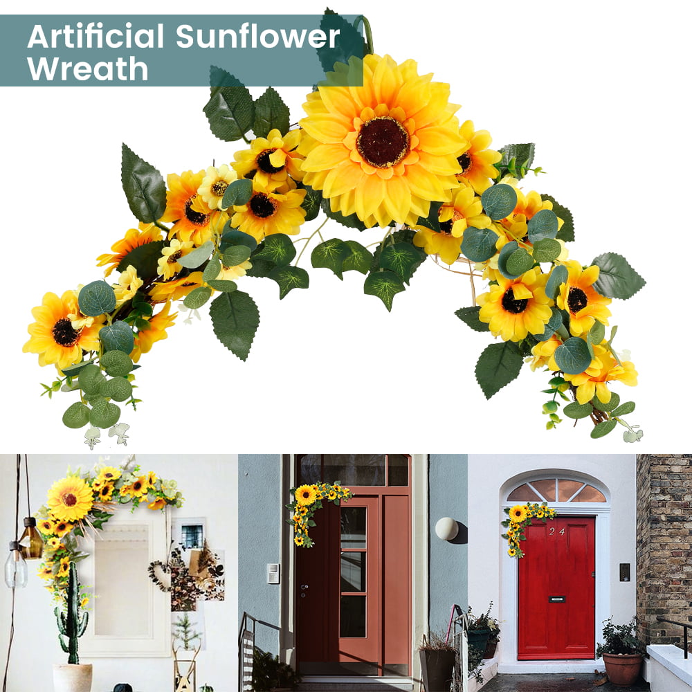 AILANDA Artificial Sunflower Wreath 12 Inches with Pumpkin Winter Wreaths for Front Door Silk Floral Hoop Wreath for Home Wall Window Balcony Wedding Easter Valentine's Day Decor