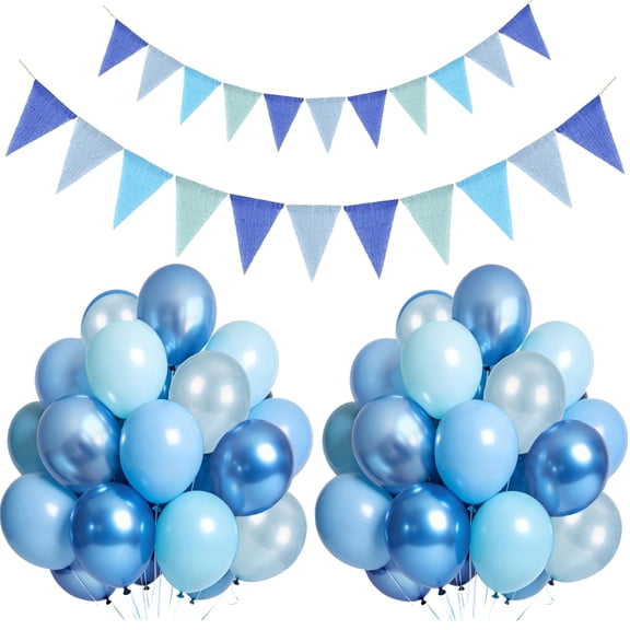 Blue Balloons Set, 12 Inch Light Navy Baby Pearl Blue Metallic Latex Balloons and Brown Party Decorations Banner for Boys Birthday Baby Shower Graduation Bridal Shower Wedding Party Decorations