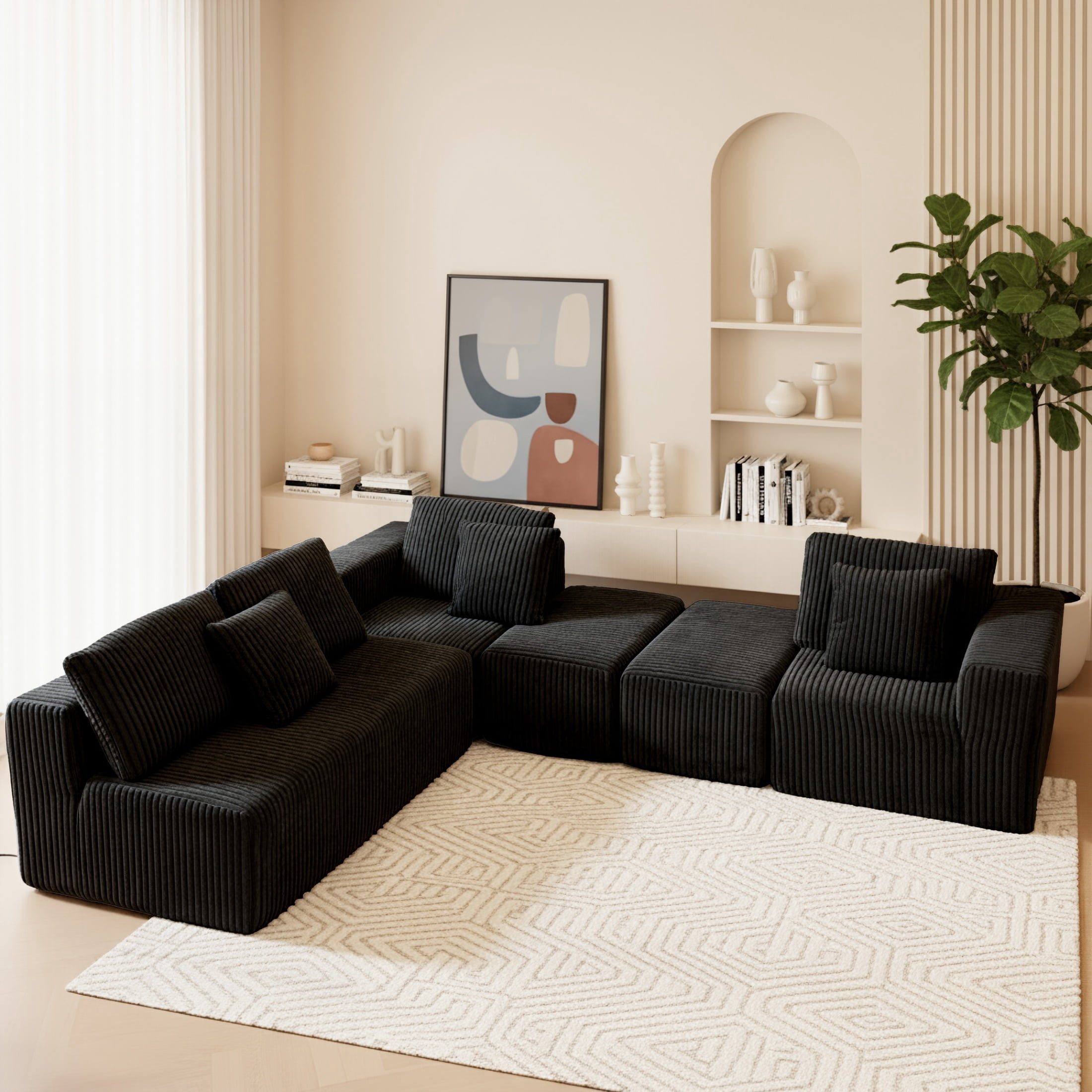 SEENYOO 132" Cloud Couch, U Shaped Sectional Couch, Striped Corduroy Modular 6-Seater Sofa for Living Room Bedroom, Reversible Chaise, Free Configuration, No Assembly, Black