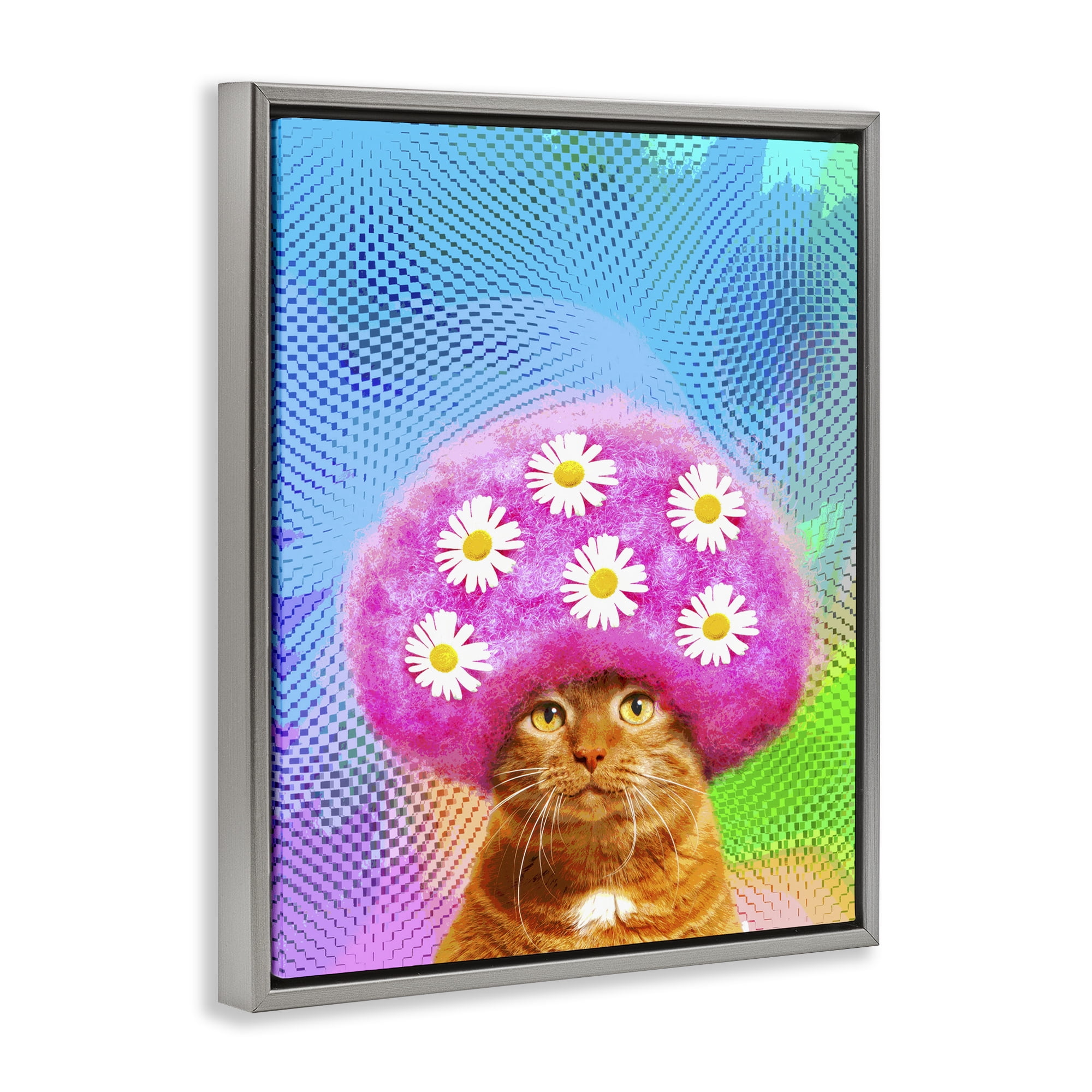 Stupell Industries Groovy Daisy Wig Cat Novelty & Humor Painting Gray Floater Framed Canvas Art Print Wall Art, 17 x 21