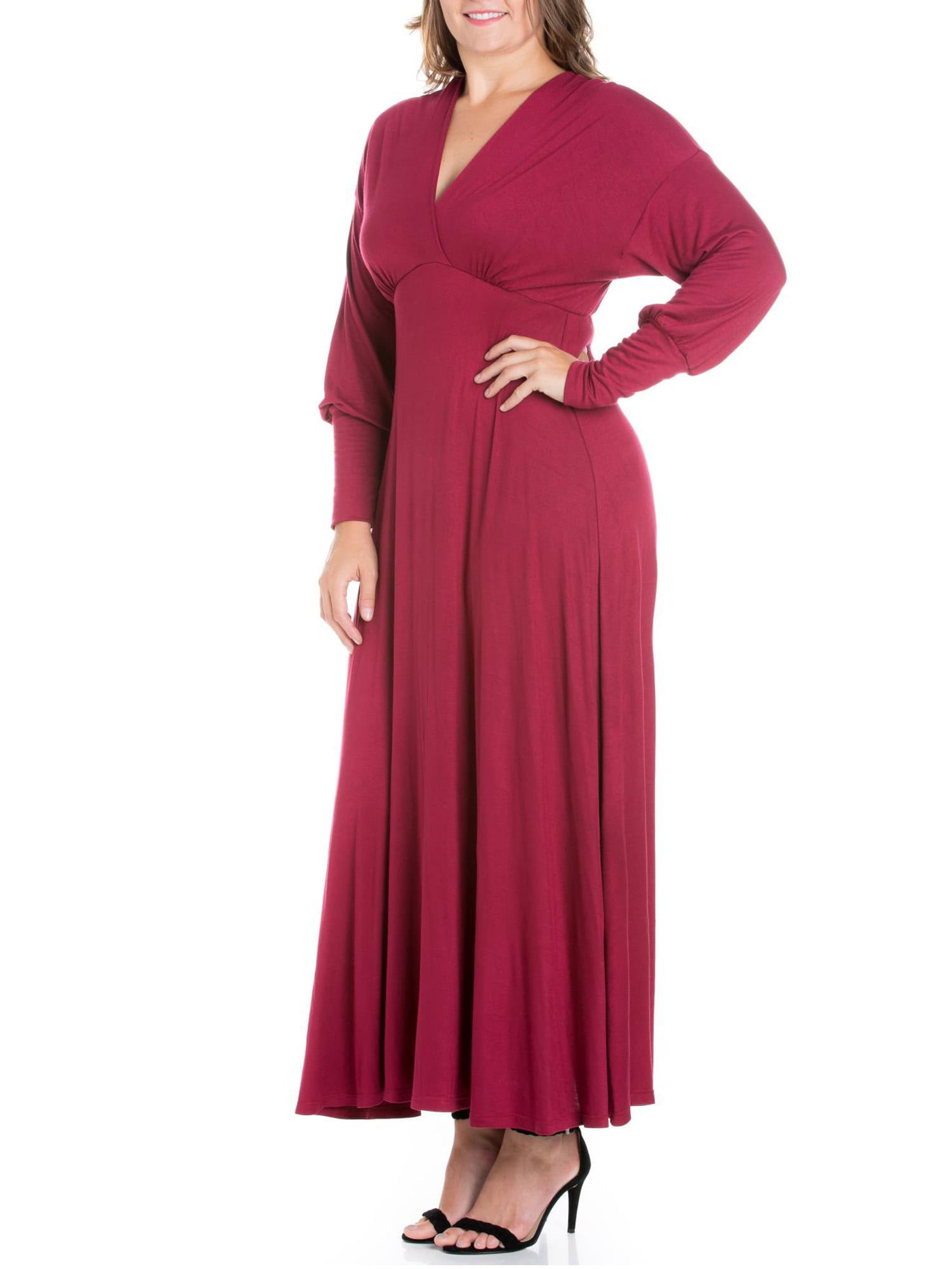 24seven Comfort Apparel Plus Size V-Neck Long Sleeve Maxi Dress