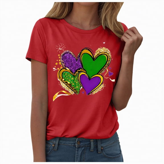 HCNTES Mardi Gras Shirts for Women Fat Tuesday Tshirt Carnival Party New Orleans Parade Graphic Short Sleeve Outfit Tee Tops(Size:XXL)