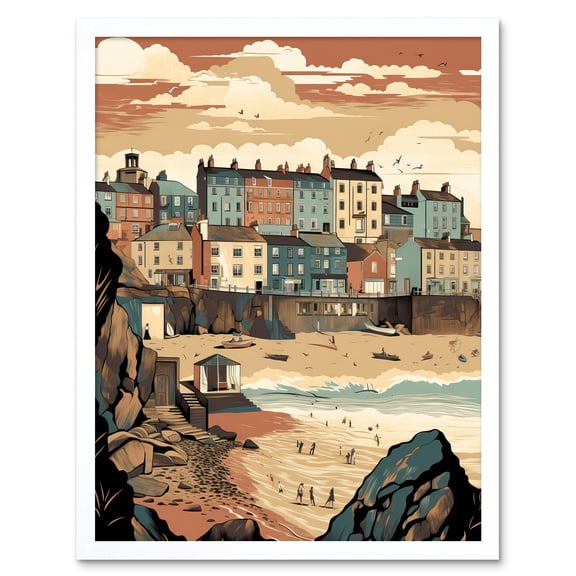 Tenby Harbour Beach Pastel Colour Coastal Town Art Print Framed Poster Wall Decor 12x16 inch