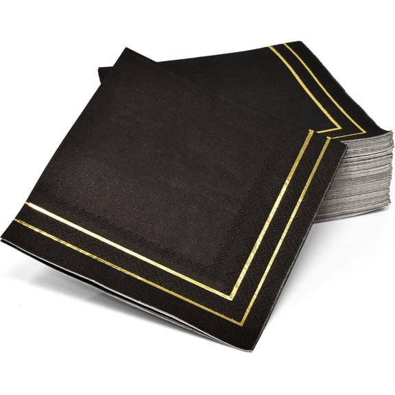 Gift Boutique Cocktail Napkins, Black with Gold Foil Trim, 3-Ply Disposable Beverage & Dessert Napkins, 100 Count, 10 x 10 Inch Unfolded