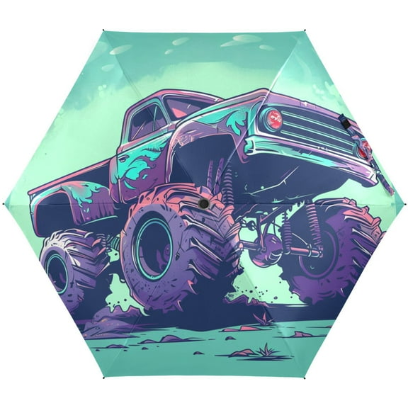 JSTEL Monster Truck Folding Umbrella for Rain Sun Travel Mini Lightweight Compact Umbrellas