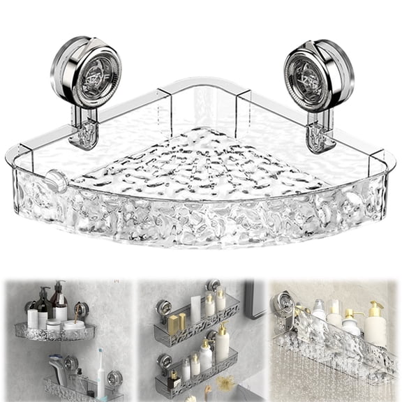 Corner Shower Caddy Suction Cup, No Drill Bathroom Suction Storage Rack, Wall Mounted Suction Cup Storage Holder, Corrugated Acrylic Shower Tray Shelves, Triangular Clear Shower Shelf