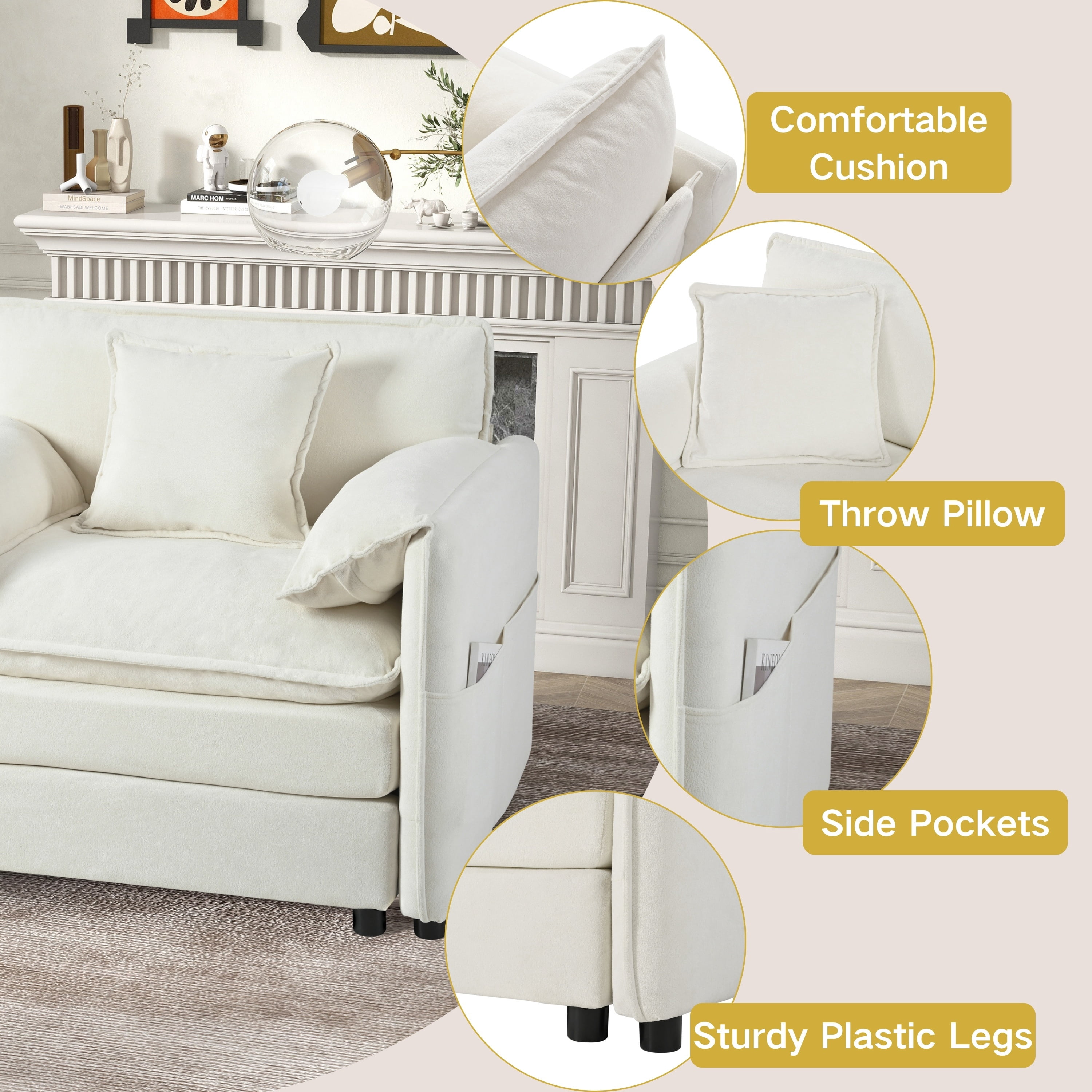 Oversized Chenille Loveseat Sofa, 76” Comfy 2 Seater Couch with Deep Seat, Modular Love Seat Couch for Living Room Bedroom Apartment, Easy Assembly Small Cloud Couch, White