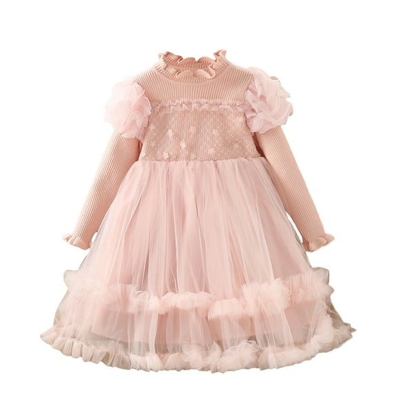 PINQI Casual Toddler Girls Dress Girls Long Sleeve Sweater Tulle Patchwork Princess Dress Christmas Sundress for 1 To 7 Years