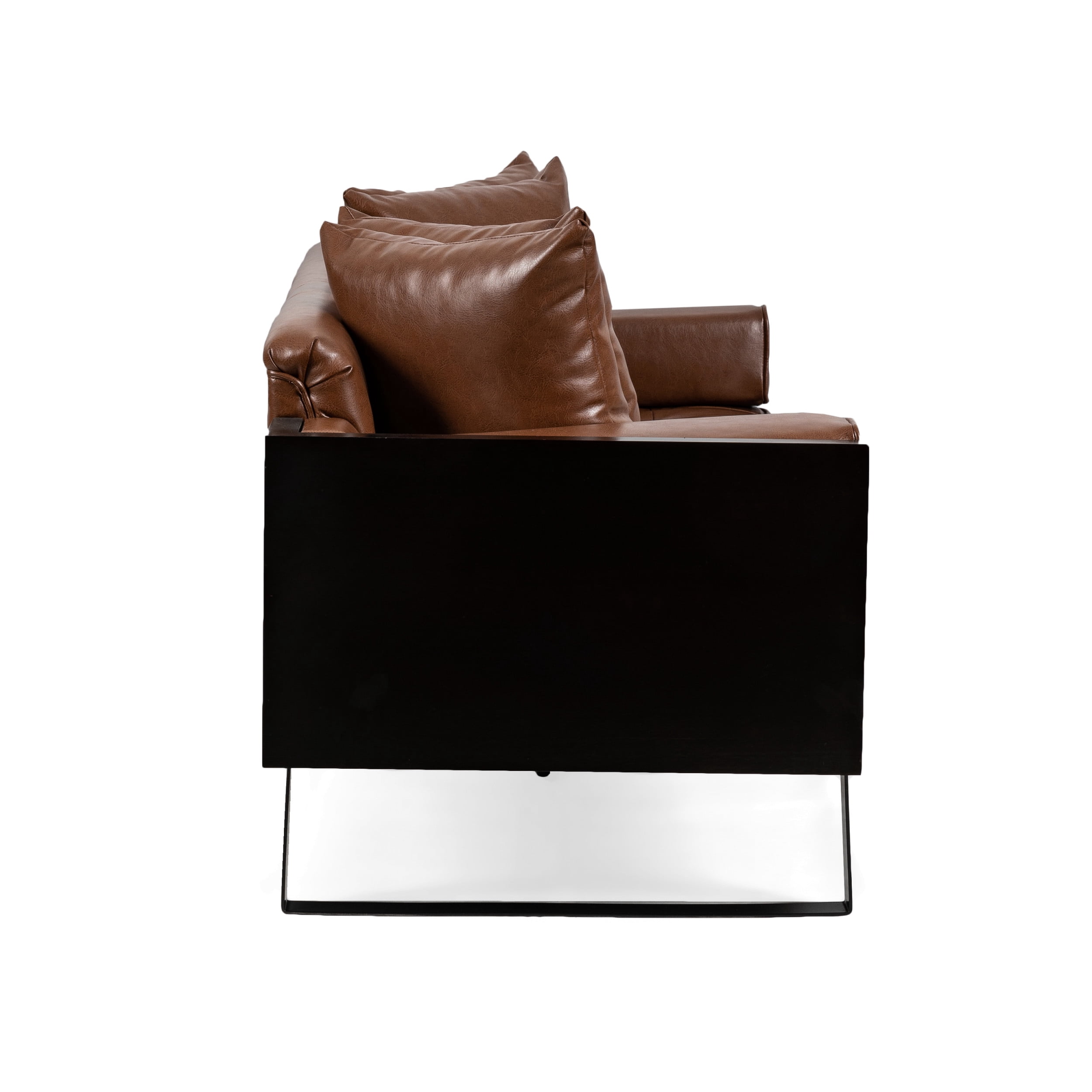 Noble House Gould Faux Leather Upholstered Oversized Loveseat with Accent Pillows, Cognac Brown and Black