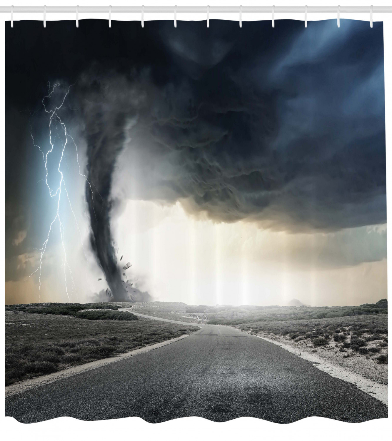 Lake House Decor Shower Curtain Set, Black Tornado Funnel Gas And Lightning Rolling On The Road