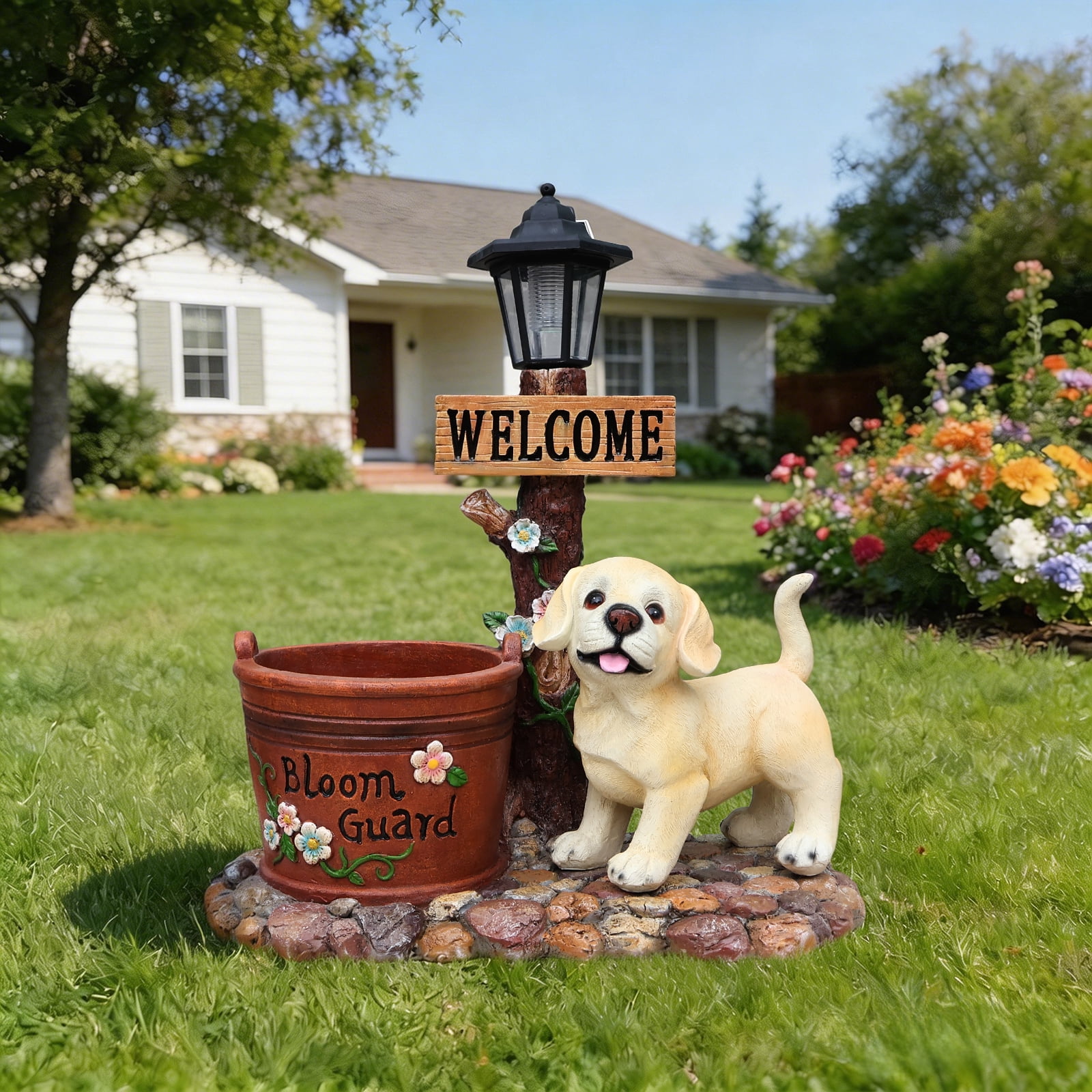 18.9'' Solar Labrador Puppy Solar Planter Garden Statue with LED Light,Outdoor Decorative Animal Figurines,8-10 Hour Working Time,Floral Basket Design,Lawn Yard Decor,Brown