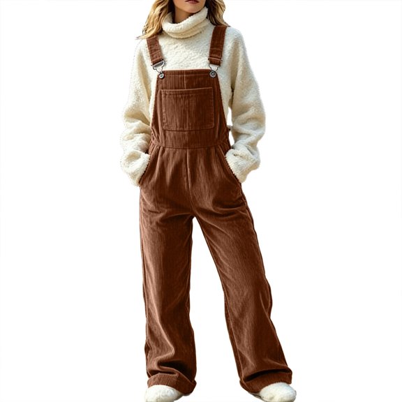 Edvintorg Overalls for Women Loose Fit Plus Size Fleece Adjustable Straps Casual Corduroy Jumpsuit with Pant Fall Winter Clothes for Women S-3XL Brown