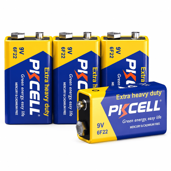 PKCELL Heavy Duty Carbon Zinc 9V Batteries 4-Pack, Ultra Long-Lasting 9 Volt Alkaline-Free Batteries Perfect for Smoke Detectors