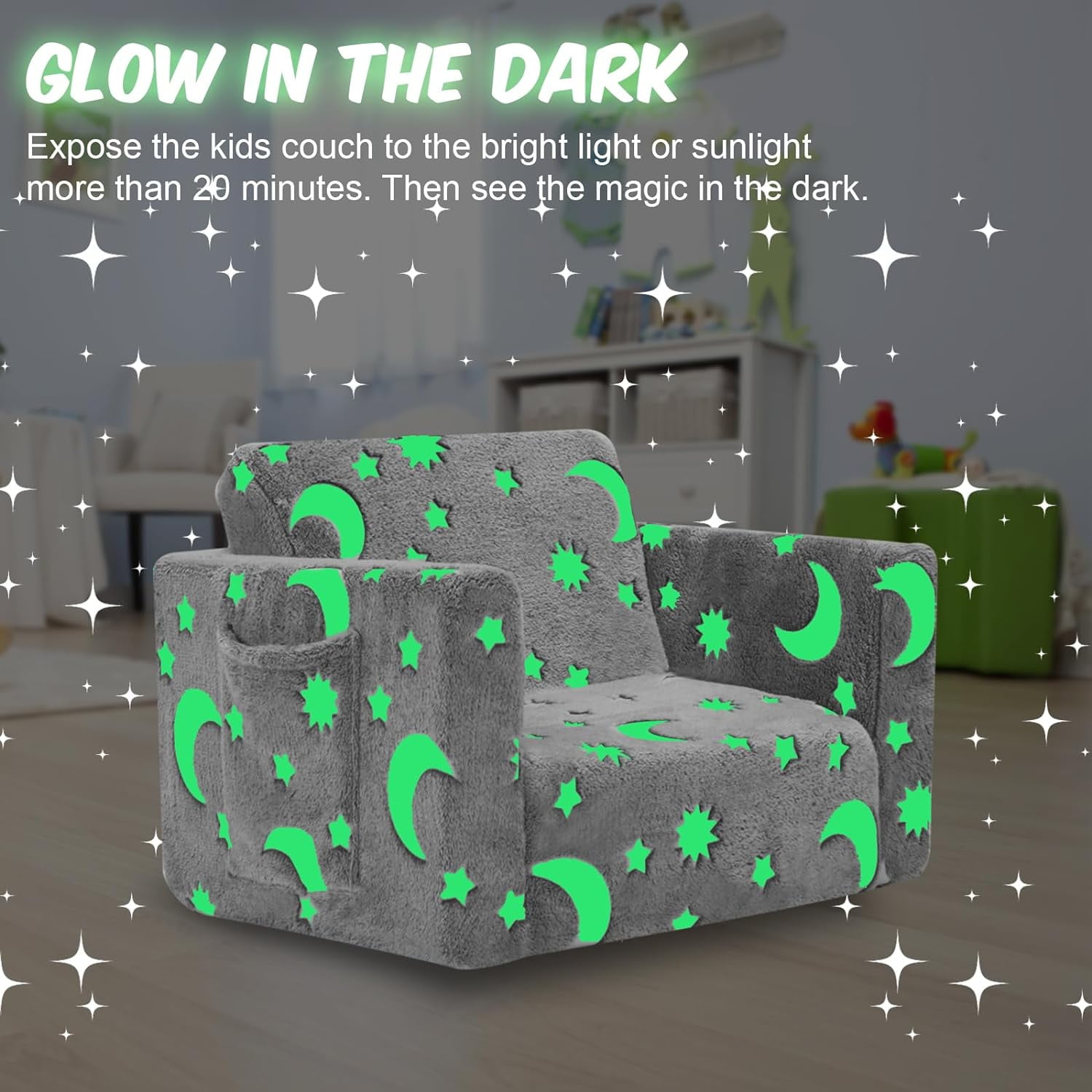 Toddler Couch, Toddler Chair Folding, Kids Couch 2 in 1 Kids Sofa Glow in The Dark Couch, Gifts Sleeper for Girls Boys - Gray Sky