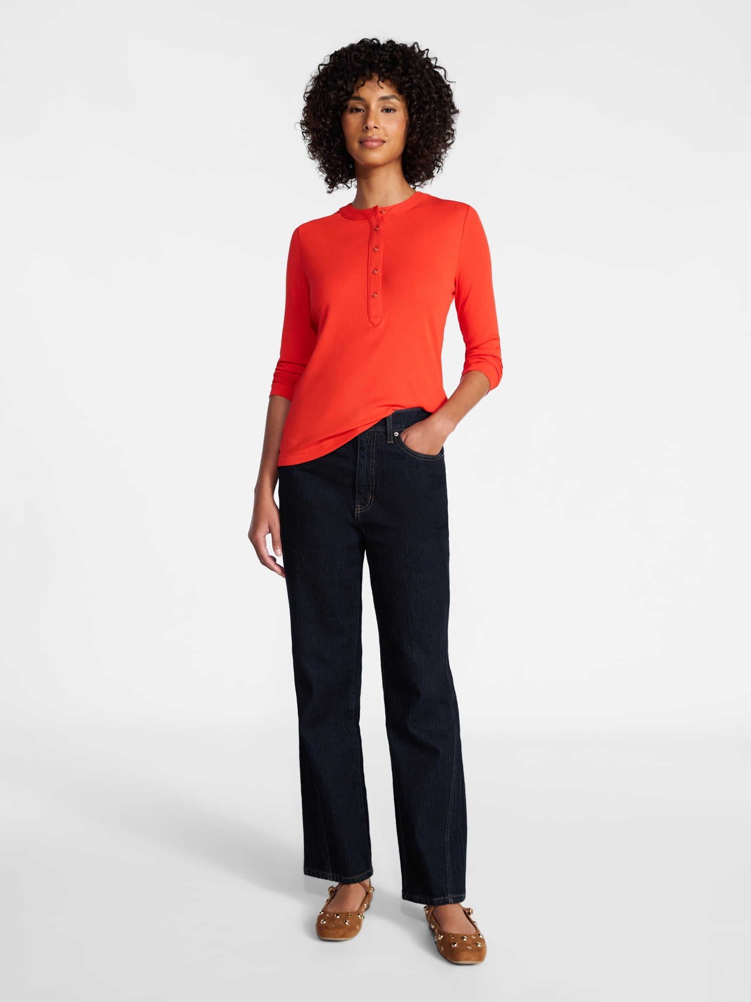 Time and Tru Women's Ribbed Henley with Long Sleeves, Sizes XS-XXXL