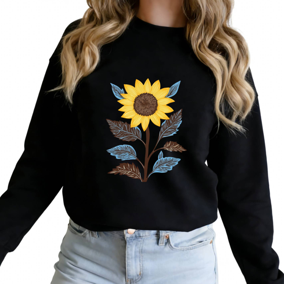 Black Print Sweatshirt Graphic Sweatshirt Sunflower Botanical Art Hand Drawn Floral Print Casual Wear S-3XL Tops