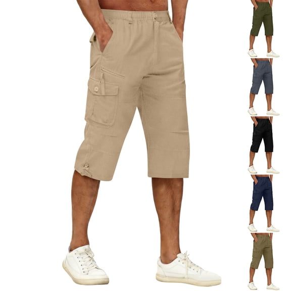 Below The Knee Shorts for Men Multi-Pockets Bermuda Cargo Shorts Baggy Casual Elastic Waist Hiking Pants, 5XL