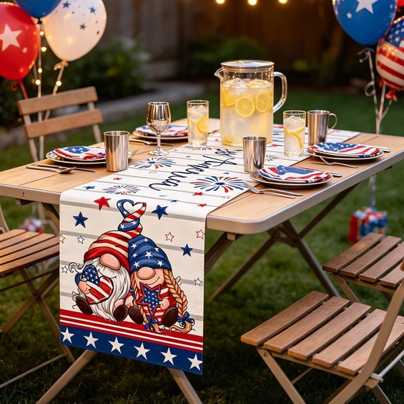 erdimoy 4th of July Patriotic Table Runner, 72×13 Inch 5 Styles Red White Blue Star Gnome Butterfly Linen Table Runner for Independence Day Memorial Day Dining