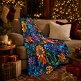 thumbnail image 3 of Vibrant Floral Bat Motif, Festive autumn celebration Scene, Warm Flannel Blanket for Living Room and Family Room with Detailed Artwork, Art Lovers autumn celebration Gift, Festive Home Decor, 3 of 9