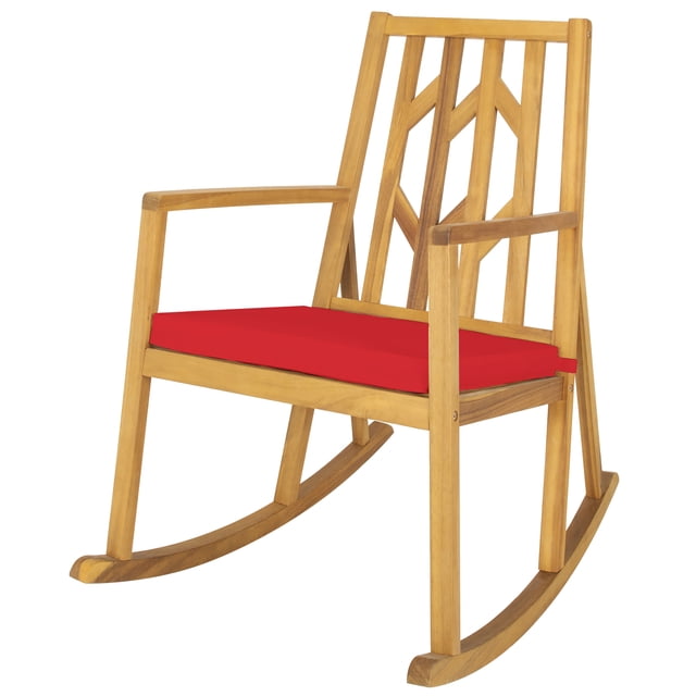 Costway Patio Rocking Chair Acacia Wood Armrest Cushioned Sofa Garden Deck Red