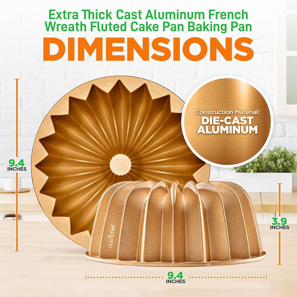French Wreath Fluted Bundt Cake Pan, Extra Thick and Non Stick Aluminum Bakeware with 2 Layers of Non Stick Coating for Easier Release, Uniform Baking and Browning