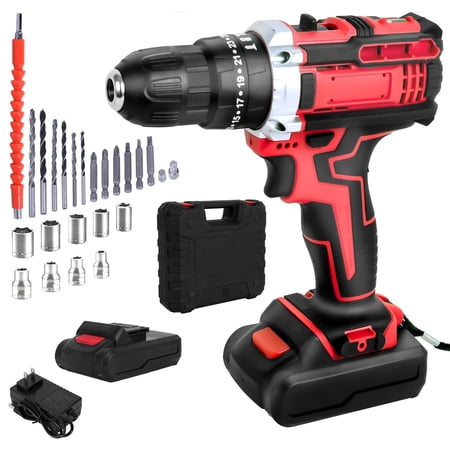 21V Power Drill Cordless Drill, Hammer Drill Cordless with 27 Pcs Accessories, 25+1 Variable Speed Trigger 3/8" Keyless Chuck 1200mAh Lithium-Ion Battery & Toolboxes, Drill Kit for Home