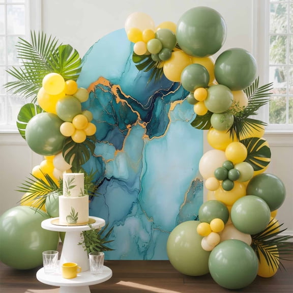 Marble Arch Backdrop Cover, 7.2FT, Abstract Art Teal Green Gradient Cave Rock Golden Lines Spandex Arch Covers Double-Sided Backdrop for Wedding Birthday Party Photo Background Decoration