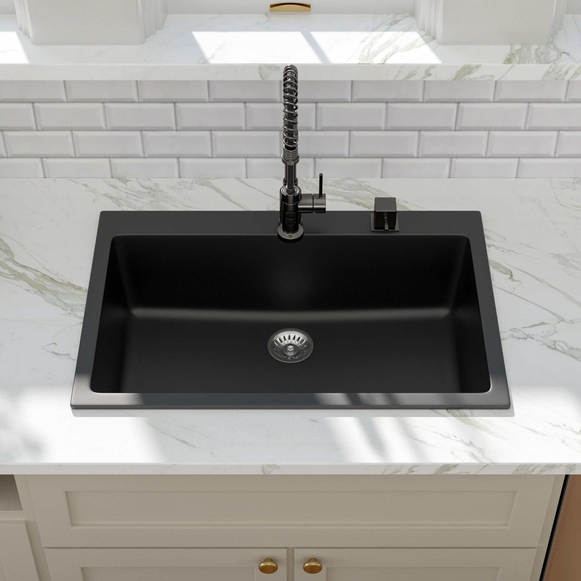33 Inch Drop-In Topmount Single Bowl Granite Quartz Composite Kitchen Sink, Black, Heat Resistant Scratch Resistant Easy to Clean Non-Porous Sink with Bottom Grid, Drain Strainer
