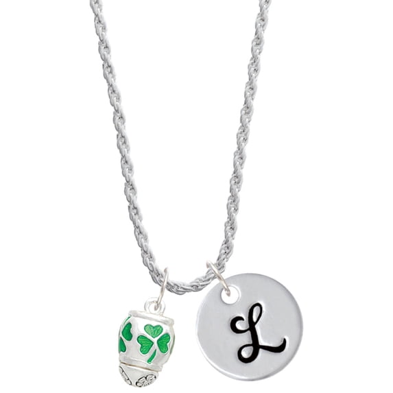 Delight Jewelry Silvertone Green Shamrock Spinner Silvertone Script Initial Disc - L - Charm Necklace, 20"+3"