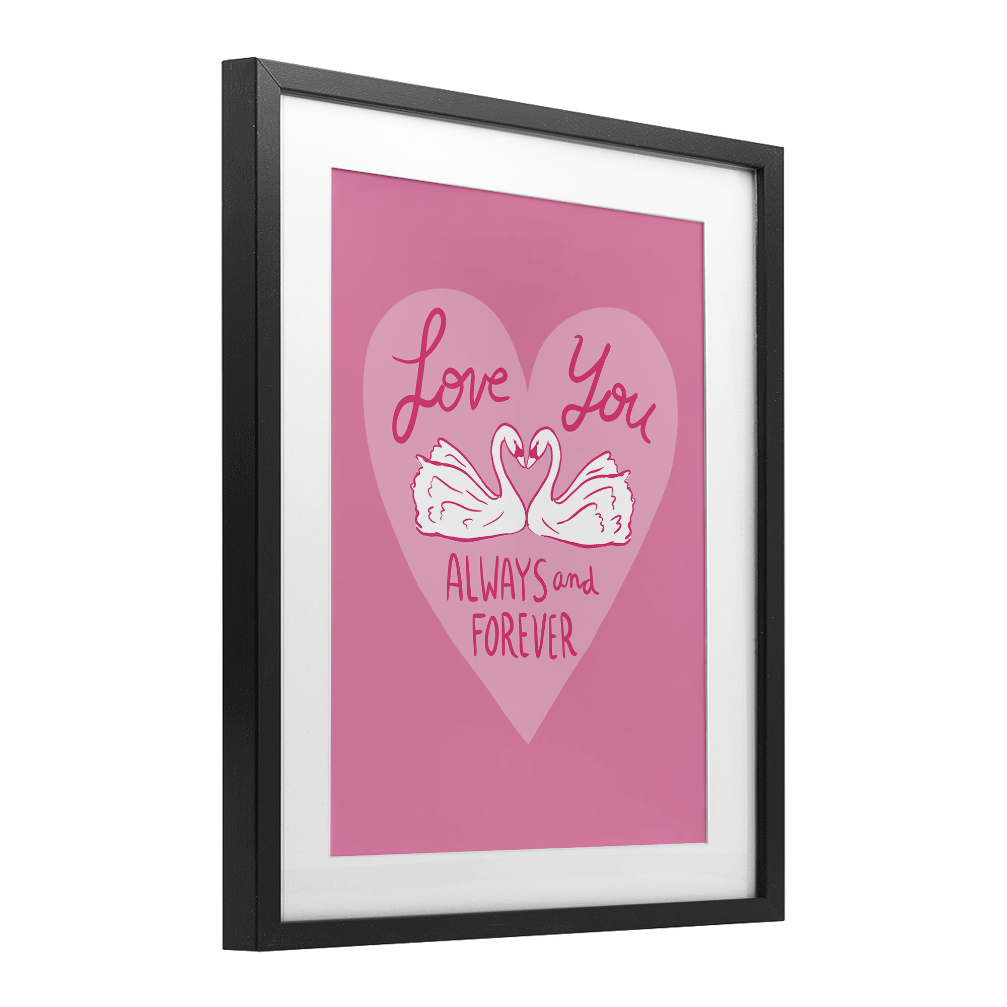 Always & Forever Swans Black Framed Print Under Glass, design by Juliet Meeks