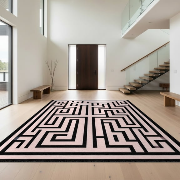 Design&I 8'x10' Washable Area Rug Snag-Free Pink Maze Inspired Geometric Interlocking Grid Motif Abstract for Dining Room, Large Office, Lounge