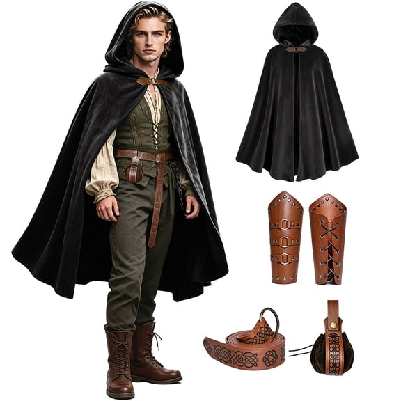 MYATED Renaissance Hooded Cloak Set for Men Women,Medieval Costume with Belt Pouch Bracers, Vintage Hooded Cape Halloween Cosplay Outfit,Black