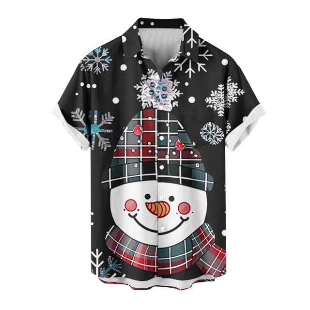 Mens Manga Corta Botón Abajo Camisas, Navidad Impreso Turndown Cuello Blusa, Top de Moda Casual