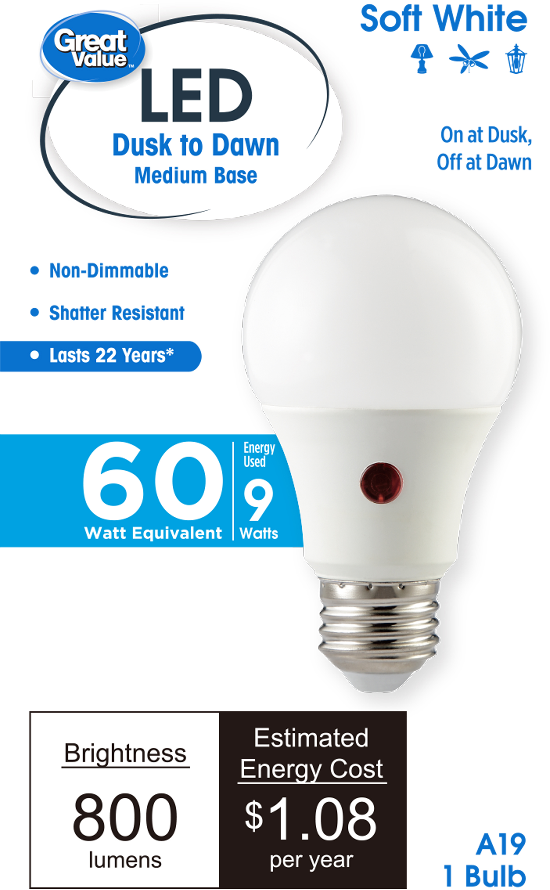 Great Value Dusk-to-Dawn A19 LED Bulbs, 2-Pack photo 2