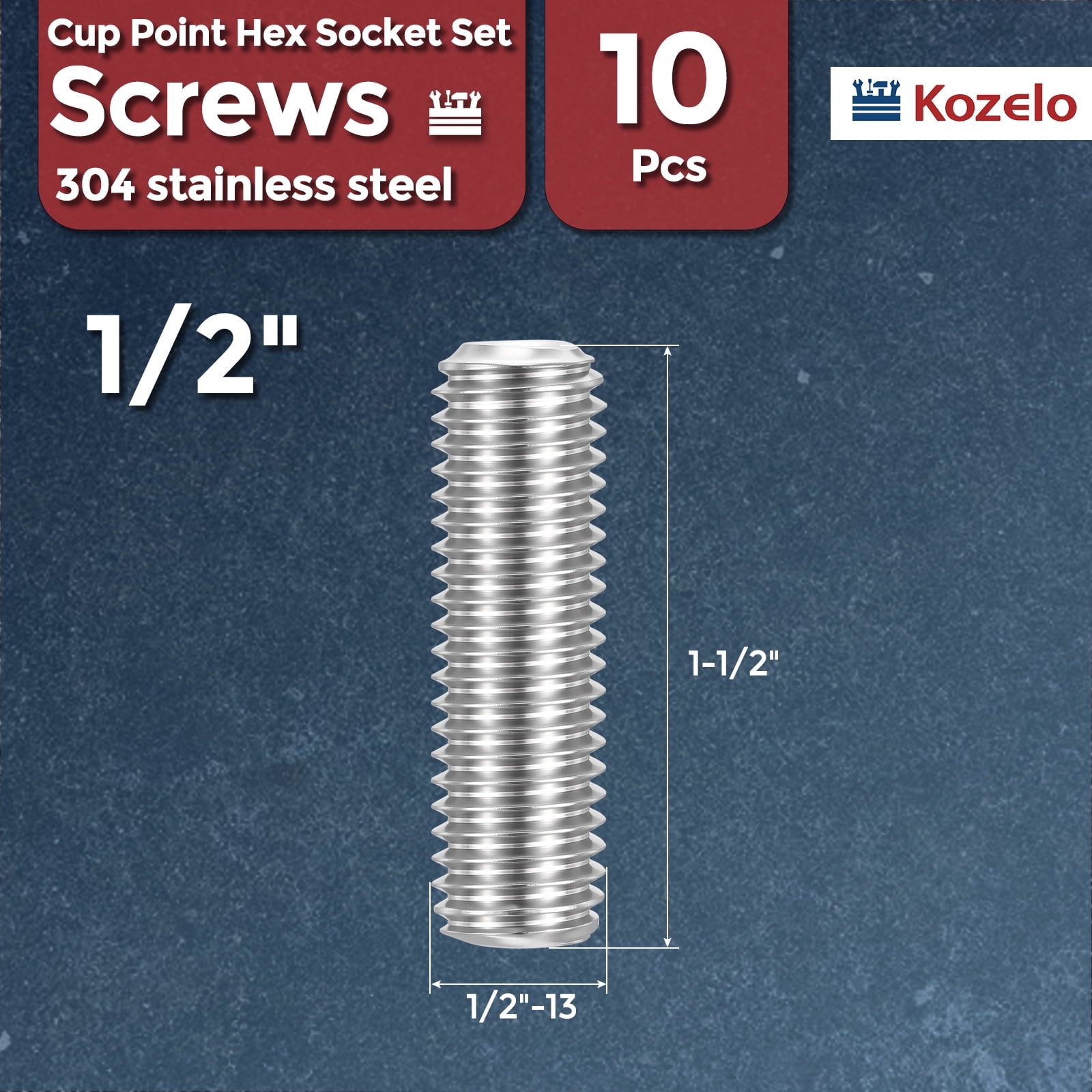 Uxcell 10pcs Cup Point Hex Socket Set Screws - [1/2"-13x1-1/2"] 18-8 Stainless Steel Headless Allen Head Grub Set Screw with Hex Key Wrench for Door Handle, Bathroom Fixture & Towel Rack