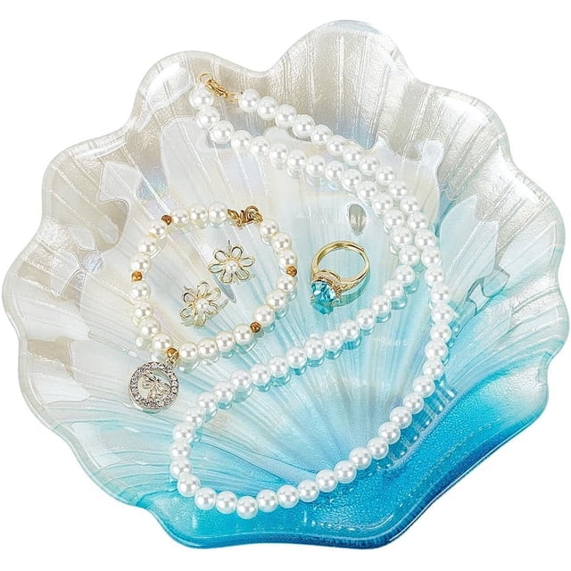 Shell Trinket Dish - Light Sky Blue Glass Jewelry Tray Shell Shape Storage Tray for Rings Earrings Necklaces Bracelets and Keys