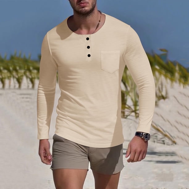 pstuiky camisa de manga larga para hombre, Camisa de capa base de ejercicio de manga larga para hombre, informal, con cuello redondo, bolsillos y botones, de colores sólidos camisetas de hombre m
