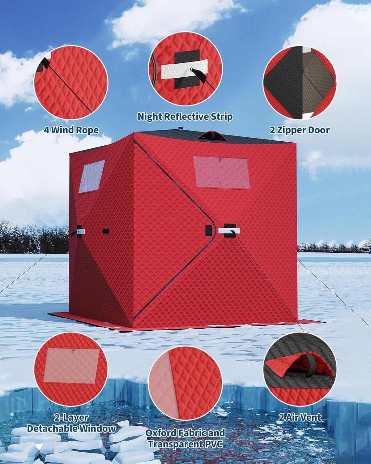 Lumiparty Pop Up Ice Fishing Tent Fully Insulated, Portable 3-4 Person Ice Fishing Shelter, Waterproof Oxford Fabric, Winter Windproof Hut Snow Hub with Anchors, Ropes & Carry Bag, Red & Black