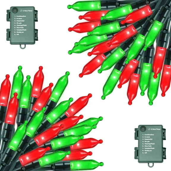 2 Pack 50 LED Outdoor Christmas Lights, 16 FT Mini String Light with 9 Modes & 6 Hour Timer, Waterproof Battery Operated for Indoor Outdoor Patio Garden Party Tree Decoration, Red Green