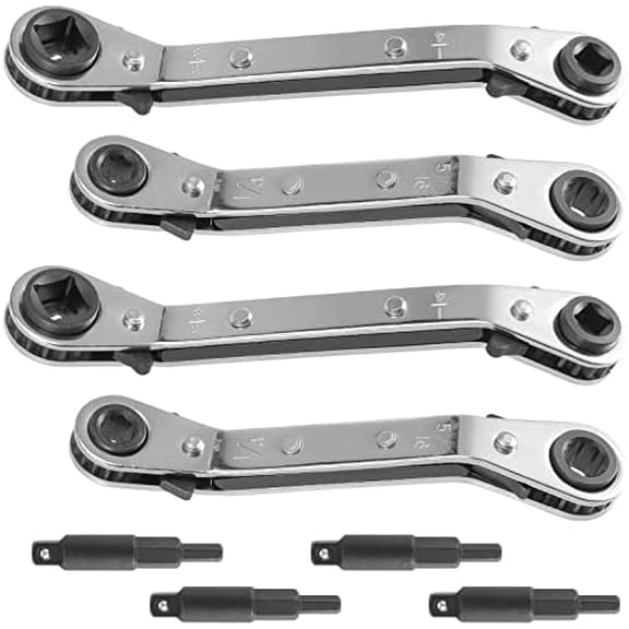 4 PCS HVAC Service Wrench Tools, Ratcheting Curved Wrench with Hex Bit Adapter, Refrigeration Service Wrench Set for Equipment Repair, 3/8" to 1/4", 5/16" x 1/4"$$Tools & Hardware Other