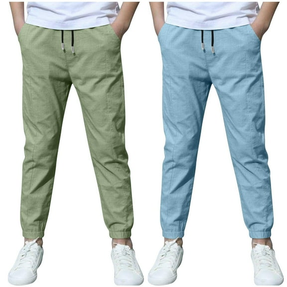 2 Pack Unisex Pull-On Sweatpants New Kids Boys Linen Pants Summer Casual Pants Drawstring Jogger Trousers Lightweight Athletic Pant School Uniform Pants Army Green 5 Years