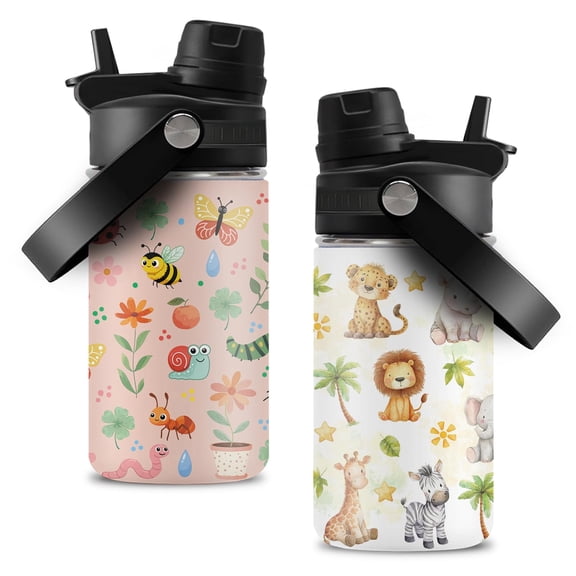 Cute Animal Water Bottle for Girls & Boys, 12OZ Insulated Tumbler with Handle, Birthday Gift for Insects Lovers, Stainless Steel Reusable Leak-proof Cup for Sports, Yellow 2-Pack