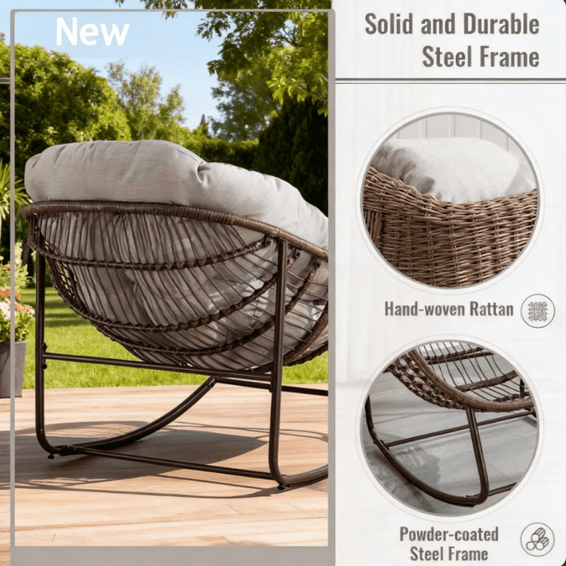 Outdoor Rocking Chair, Wicker Egg Rocking Chair Rattan Papasan Rocker with Thick Cushion