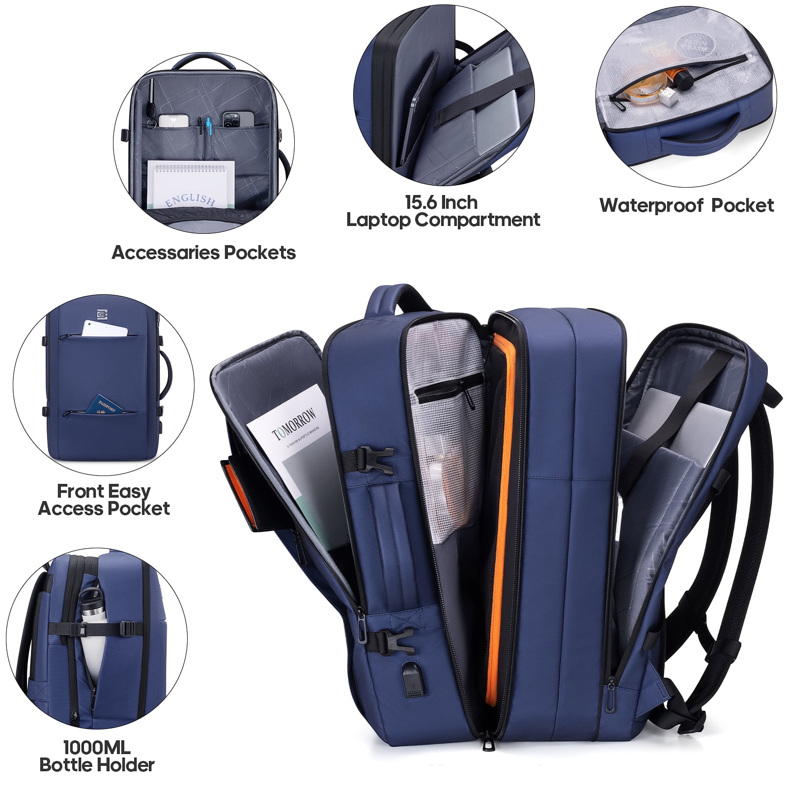 UKEIN Travel Backpack with USB Charging Port 40L Expandable 17 Inch Carry On Backpack Water-resistant Work Business Laptop Backpack for Men