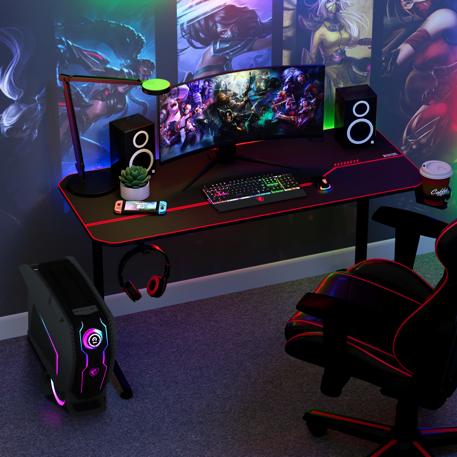 Arlopu 55in Racing Style Gaming Desk, T-Shaped Gaming Computer Table Home Office Workstation with Mouse Pad, Cup Holder & Headphone Hook - image 4 of 8